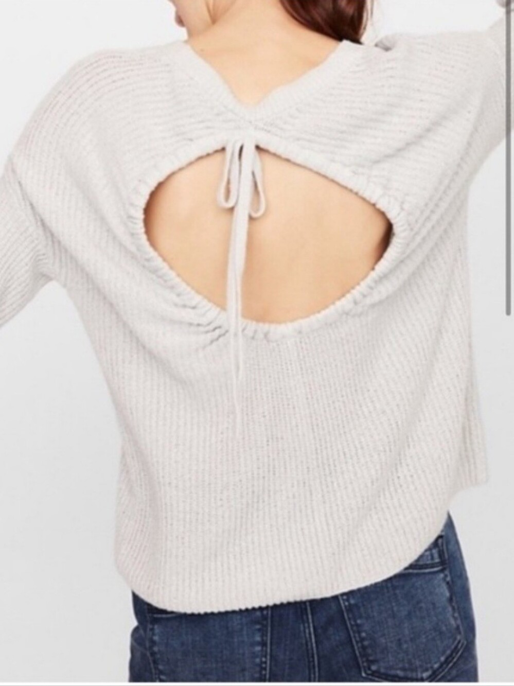 Express Bateau Boat Neck Light Grey Sweater With Open Cutout Back